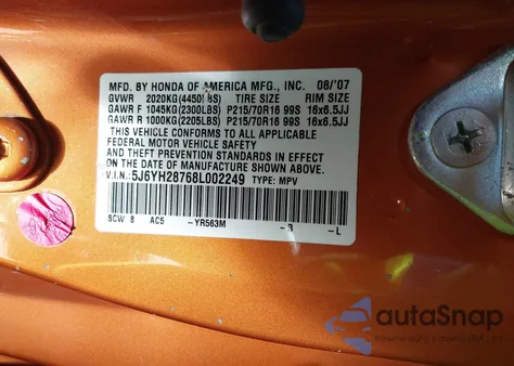 2008 Honda Element Ex z USA, uszkodzony, nr VIN 5J6YH28768L002249